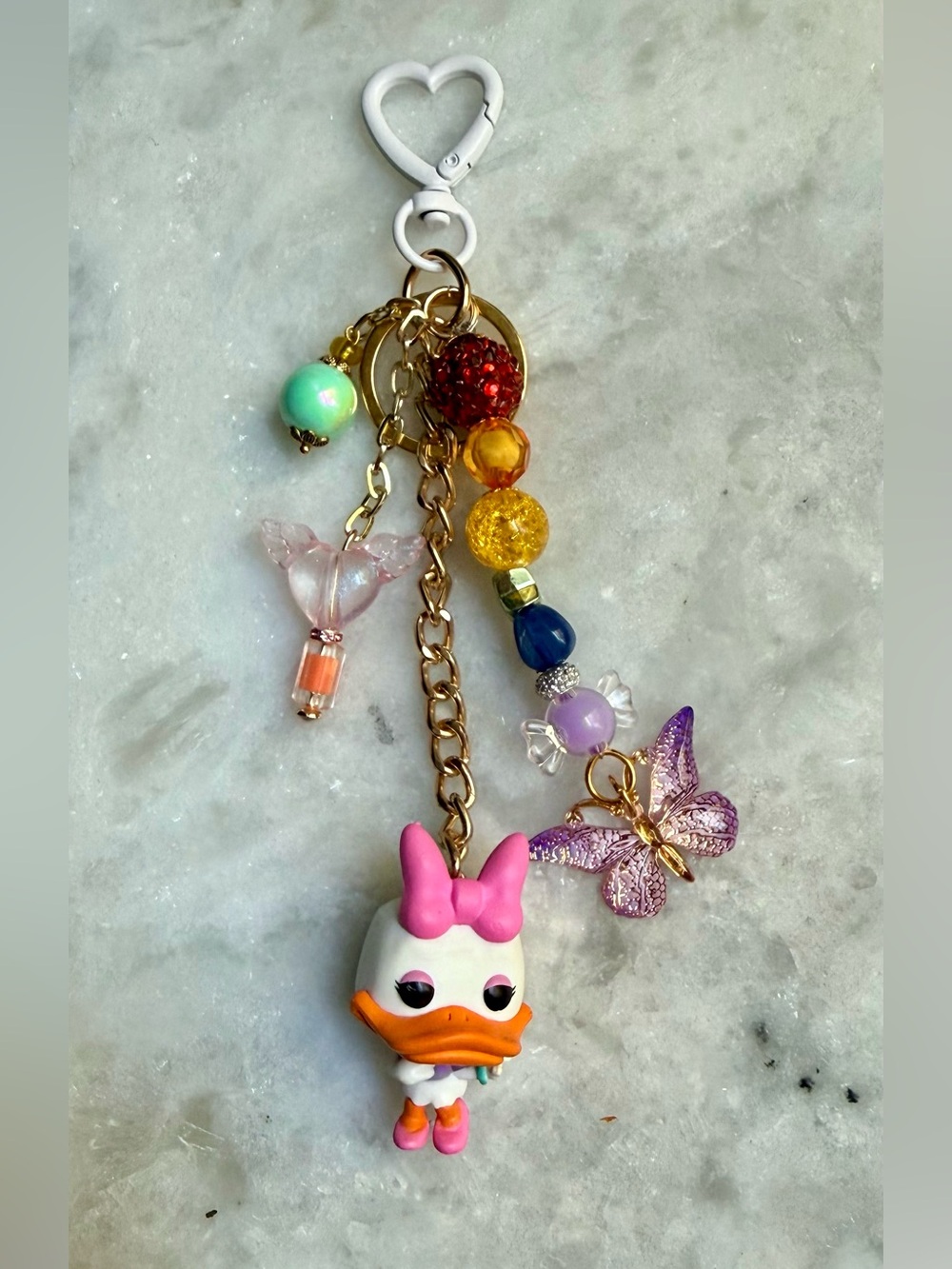 Pink Bow Duck Keychain Charm with Butterfly and Bead Accents